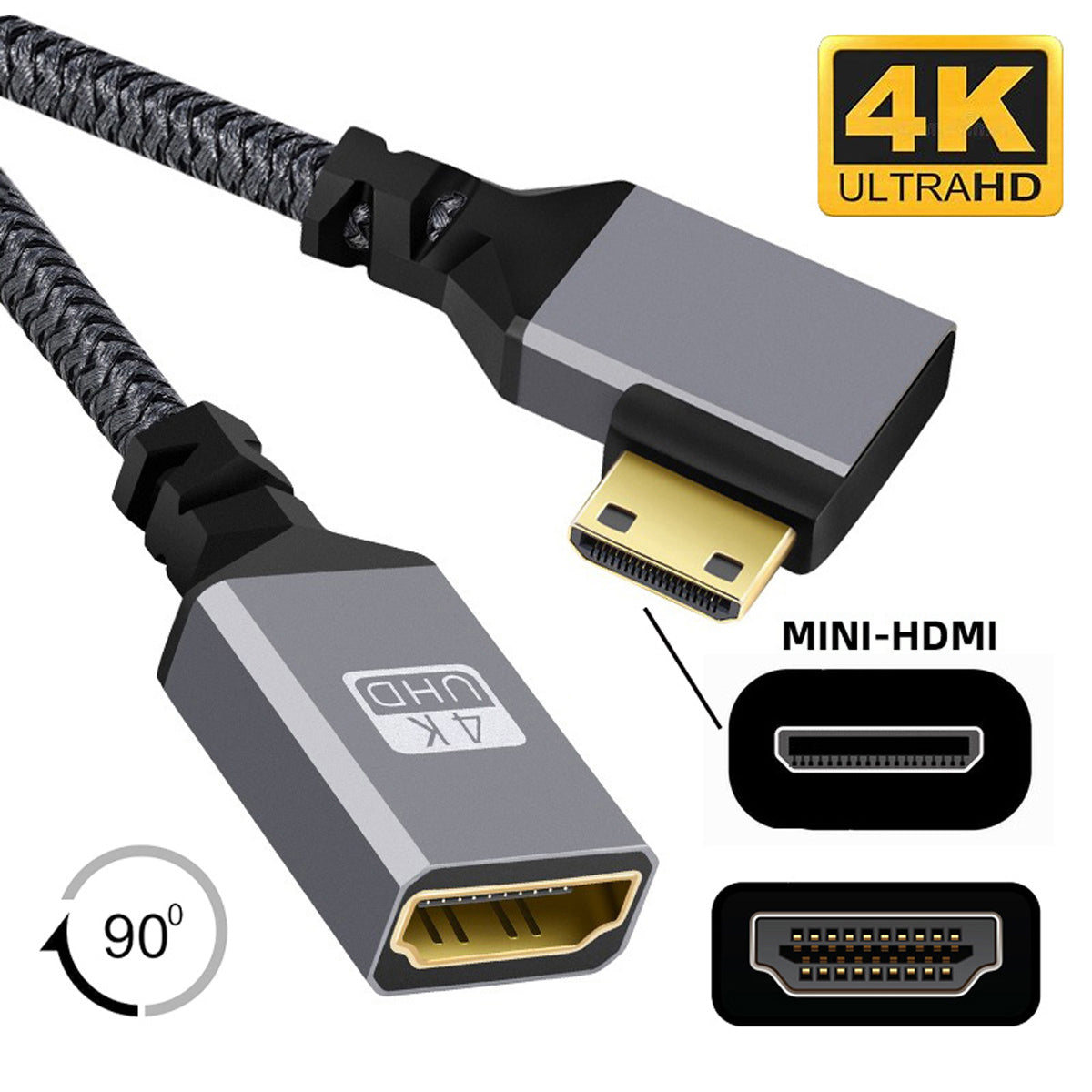 HD-004-RI 4K Mini HDMI 1.4 Male 90 Degree Angled to HDMI Female Ultra HD Nylon Braided Extension Cable