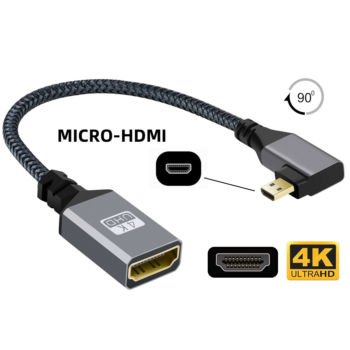 HD-012-RI 4K Micro HDMI 1.4 Male 90 Degree Angled to HDMI Female Extension Cable Metal Connector Adapter Cord