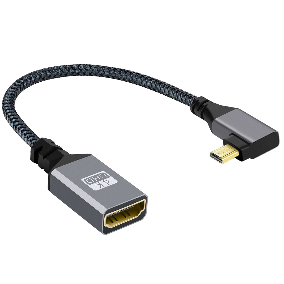 HD-012-LE 4K Ultra HD Micro HDMI 1.4 Male 90 Degree Angled to HDMI Female Extension Cable Metal Connector Braided Cord