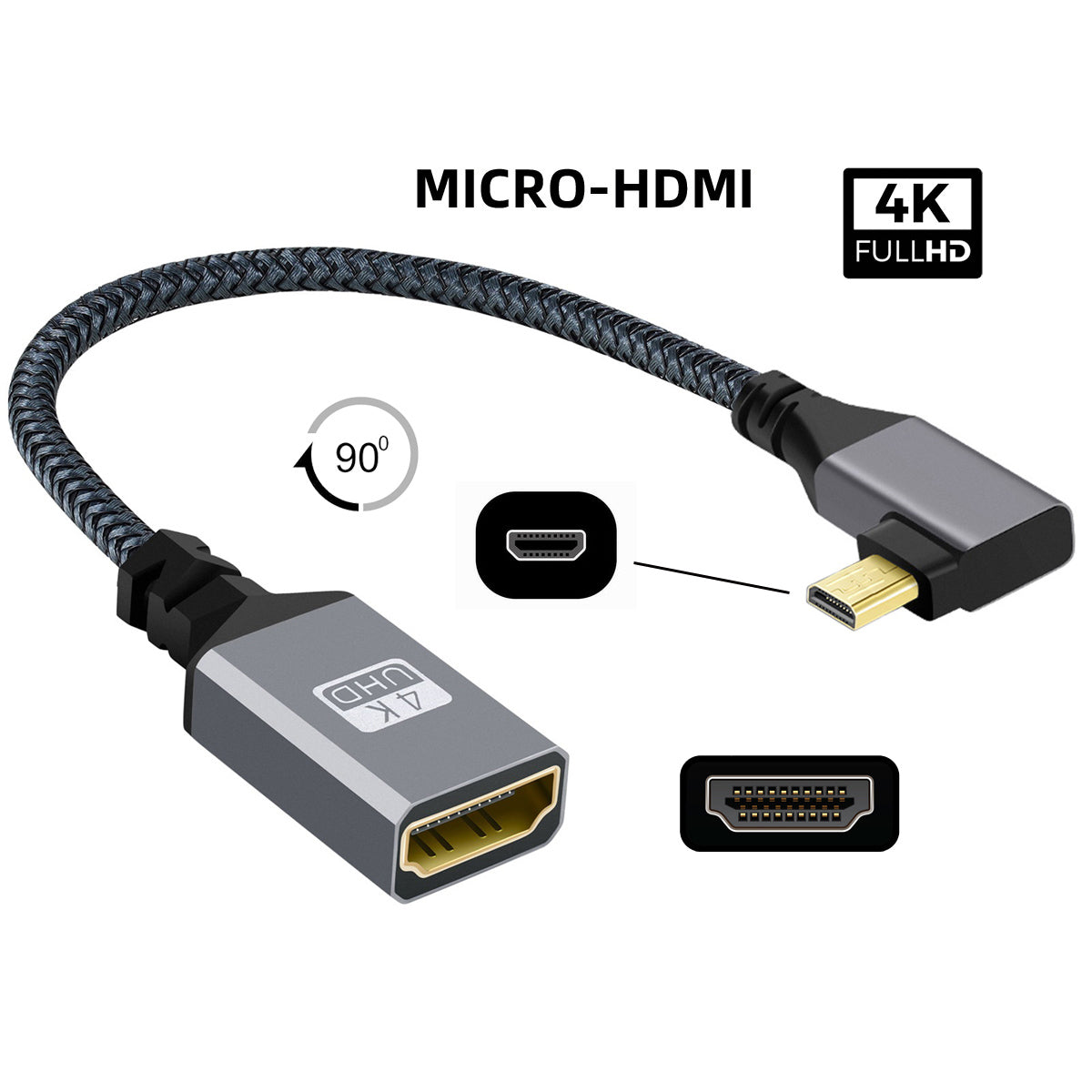 HD-012-LE 4K Ultra HD Micro HDMI 1.4 Male 90 Degree Angled to HDMI Female Extension Cable Metal Connector Braided Cord