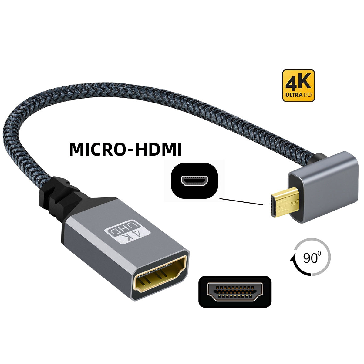 HD-012-UP Micro HDMI 1.4 Male 90 Degree Angled to HDMI Female 4K Video Extension Cable Metal Connector Adapter Cord