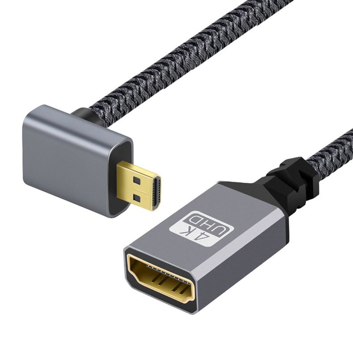 HD-012-DN 4K Micro HDMI 1.4 Male 90 Degree Angled to HDMI Female Adapter Extension Cable UHD Metal Connector Braided Cord
