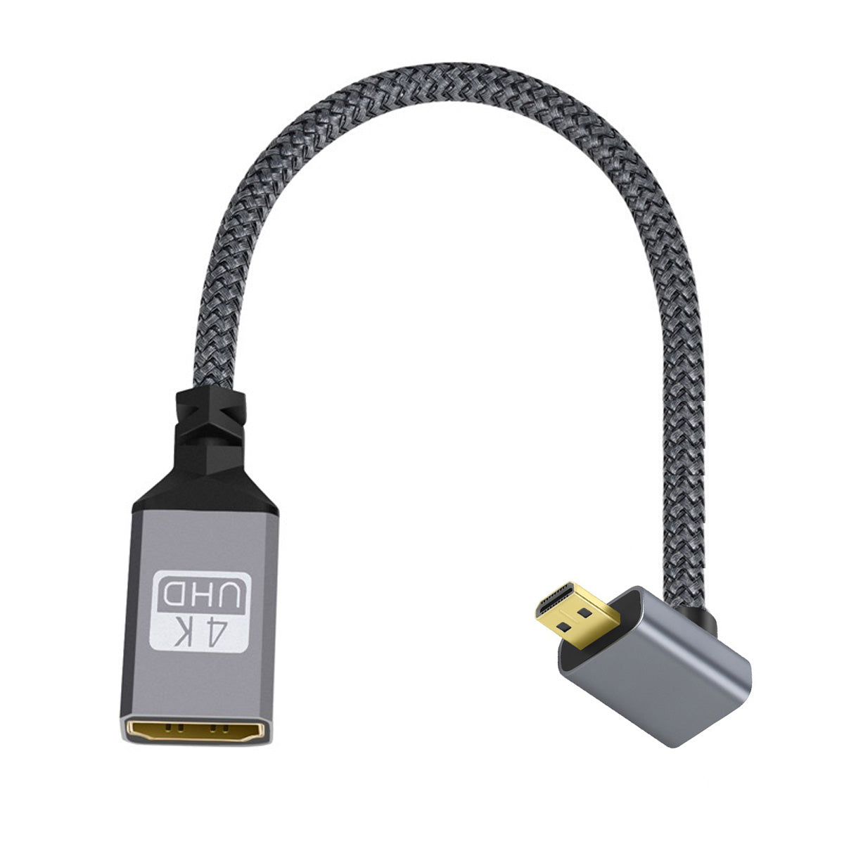HD-012-DN 4K Micro HDMI 1.4 Male 90 Degree Angled to HDMI Female Adapter Extension Cable UHD Metal Connector Braided Cord