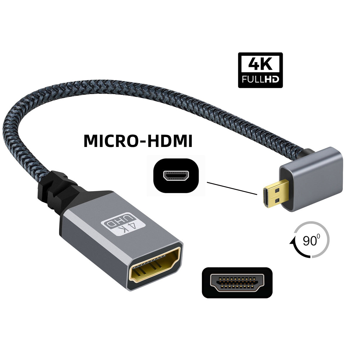 HD-012-DN 4K Micro HDMI 1.4 Male 90 Degree Angled to HDMI Female Adapter Extension Cable UHD Metal Connector Braided Cord