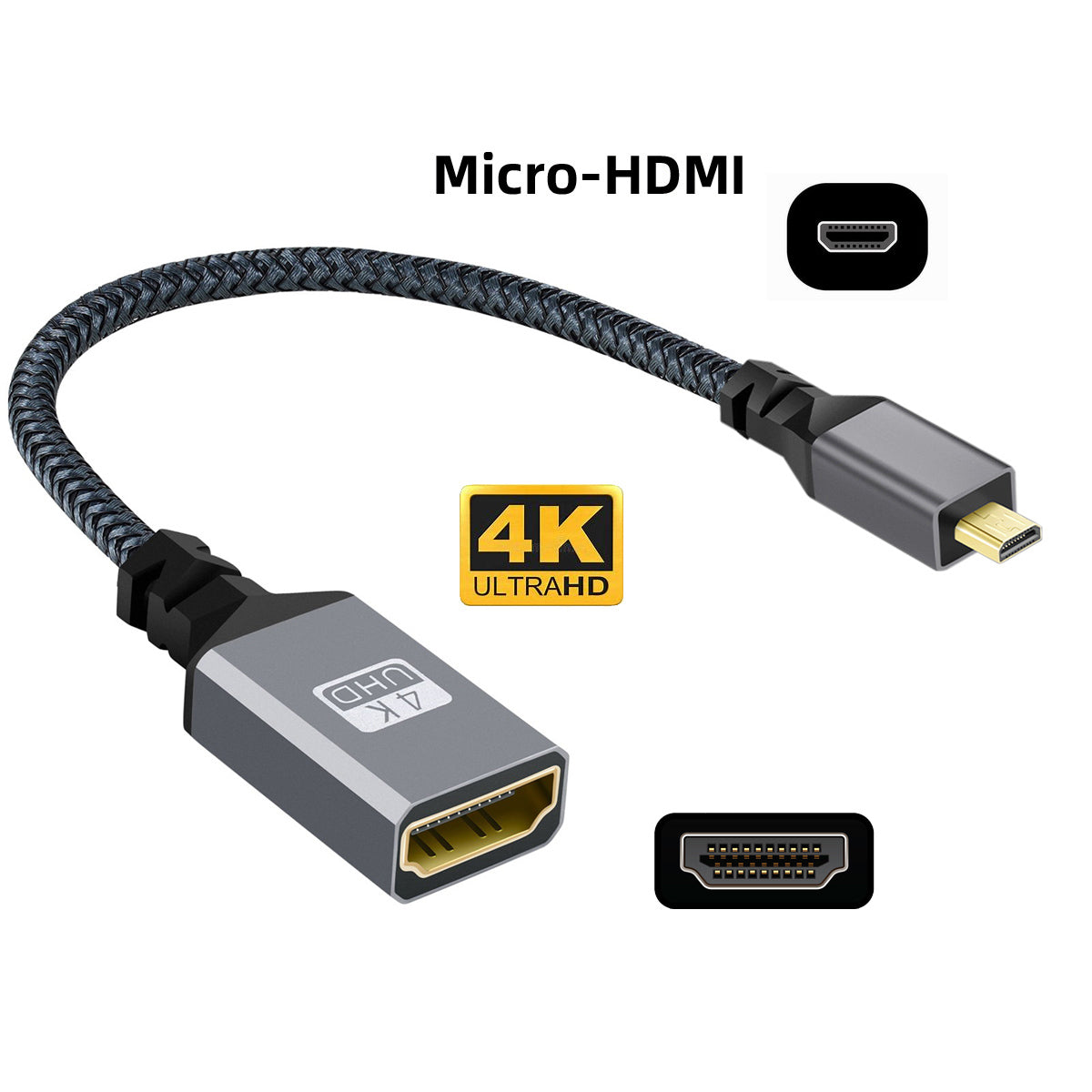 HD-012-BK 4K Ultra HD Micro HDMI 1.4 Male to HDMI Female Extension Cable Metal Connector Braided Cord