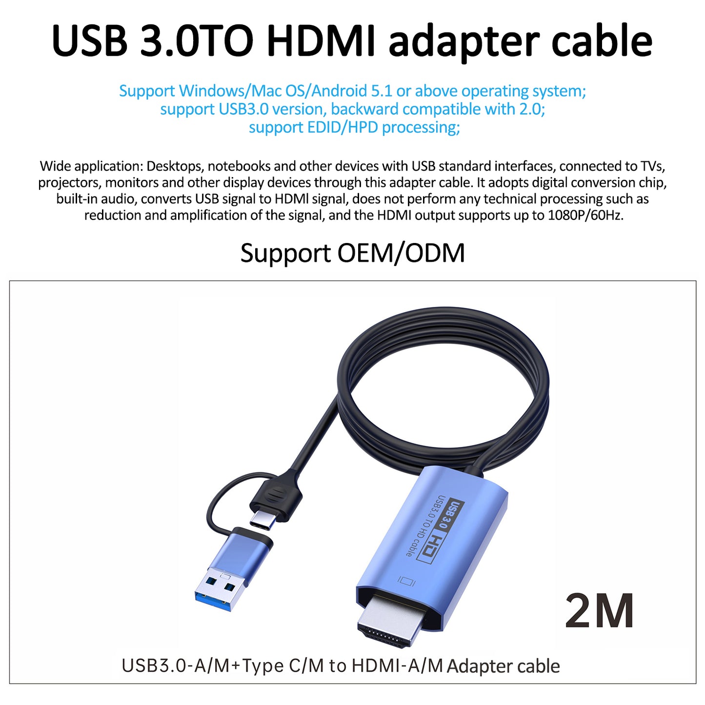 V05E 2.0m USB3.0 to HDMI Adapter Cable 2-in-1 Type-C + USB to HDMI Converter