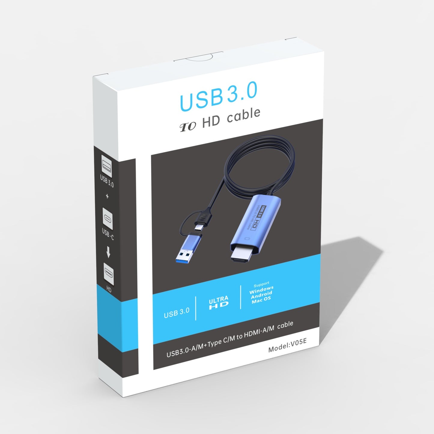 V05E 2.0m USB3.0 to HDMI Adapter Cable 2-in-1 Type-C + USB to HDMI Converter