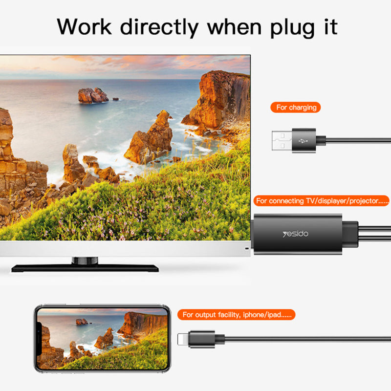 Uniqkart HM04 1.8m Lightning to HDMI 1080P HD Video Adapter Cable with USB Power Cord