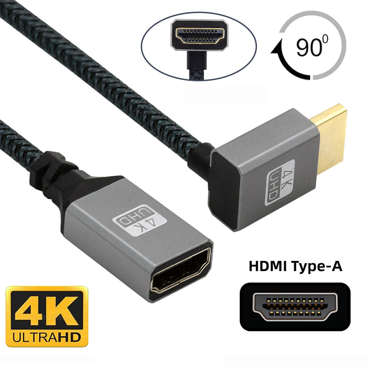 HD-061-DN 15cm HDMI Type-A Male to Female Extension Cable 90 Degree Elbow Converter Support HDTV 4K 60hz 3D