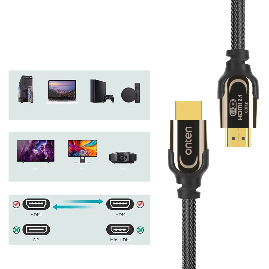 ONTEN HD180 3m 8K Audio Cord HDMI 2.1 Male to Male Nylon Braided Cable for HD TV / Projector / PS5