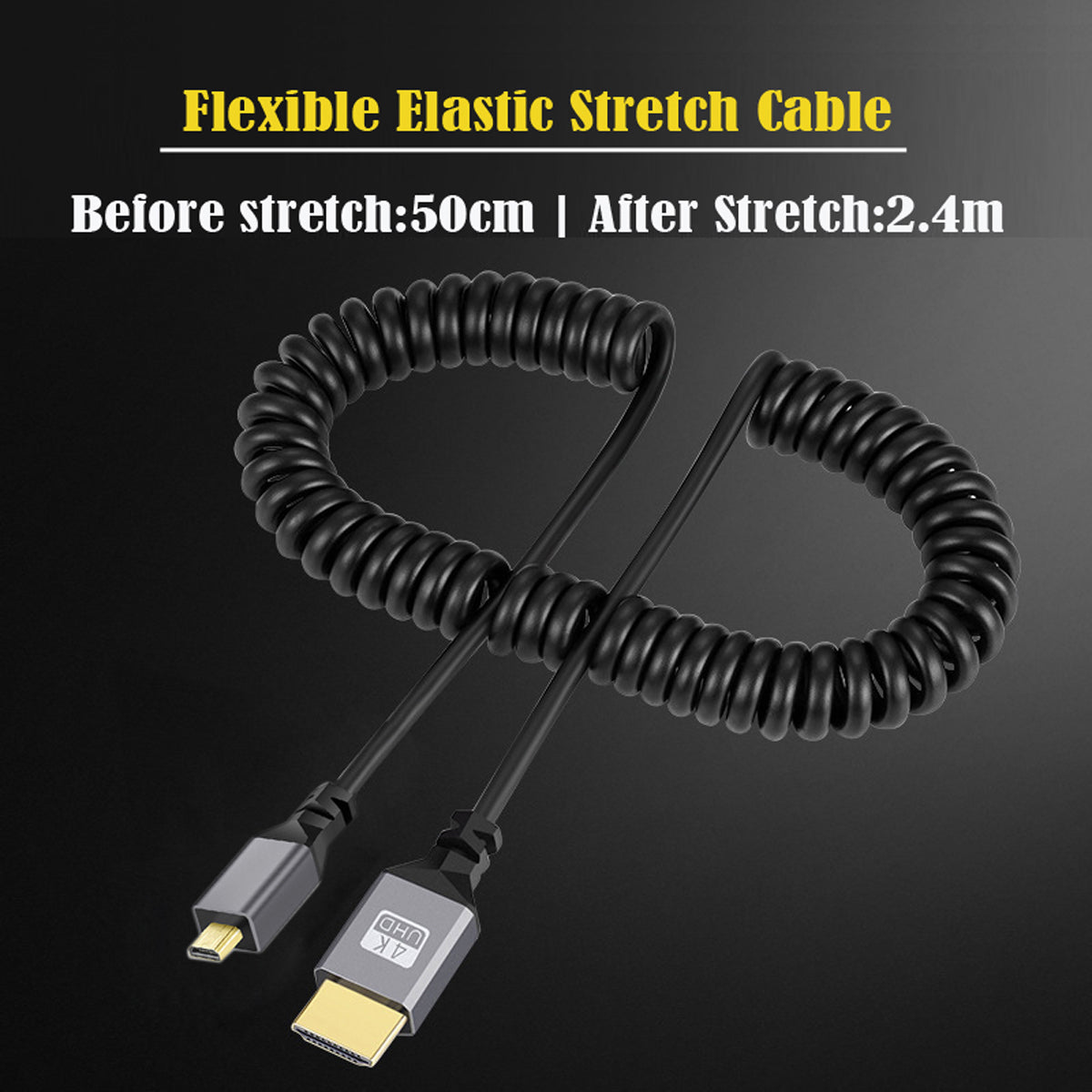 HD-037-BK Micro HDMI 1.4 Male to HDMI Male Stretch Coiled Cable 4K 60Hz Straight Connector Cord for HDTV PC Laptop Monitor