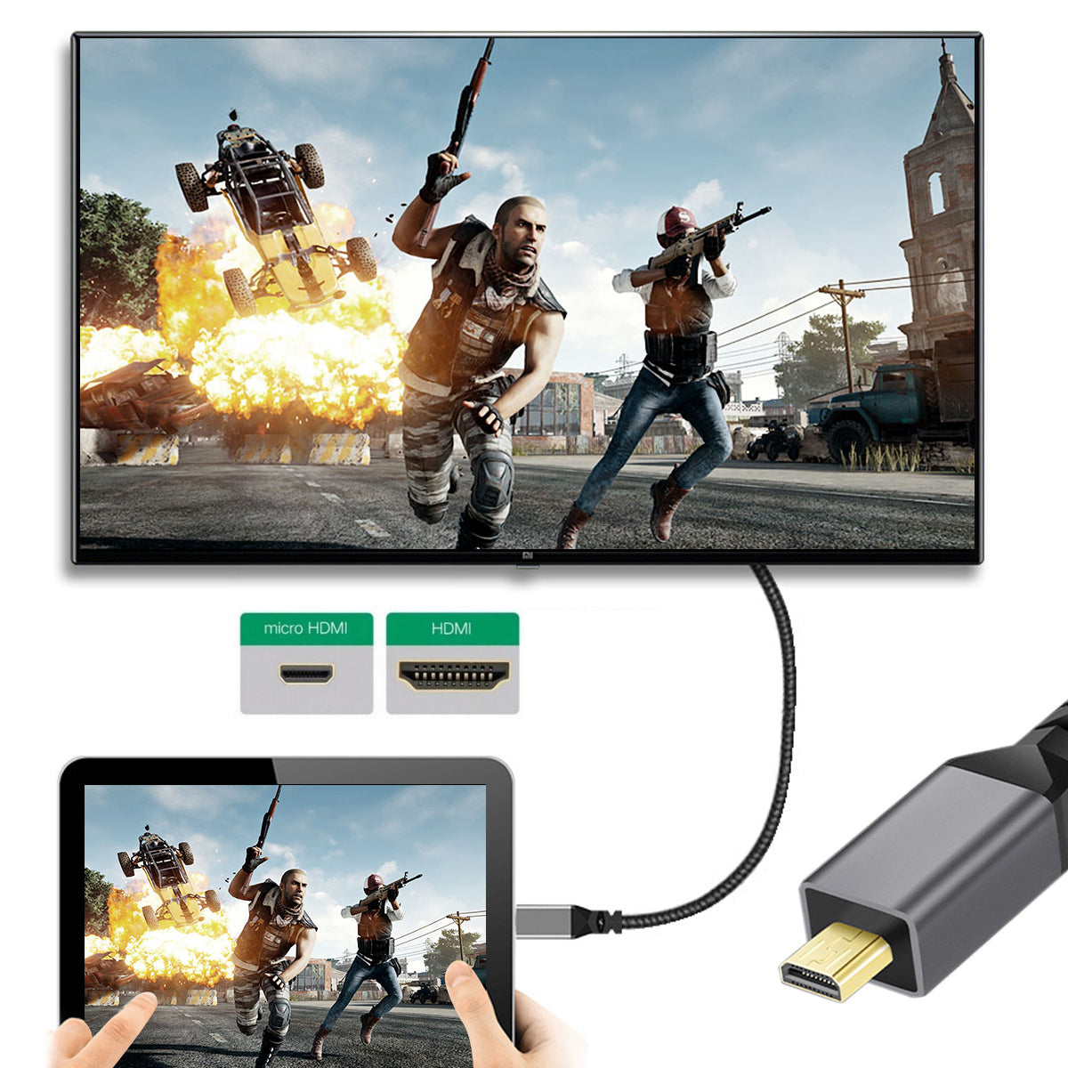 HD-037-BK Micro HDMI 1.4 Male to HDMI Male Stretch Coiled Cable 4K 60Hz Straight Connector Cord for HDTV PC Laptop Monitor
