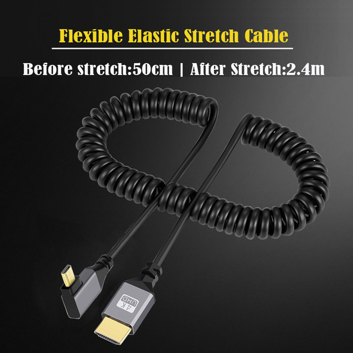 HD-037-LE Micro HDMI 1.4 Male to HDMI Male 4K 60Hz Stretch Coiled Cable 90 Degree Left Angled Cord for HDTV Laptop Monitor