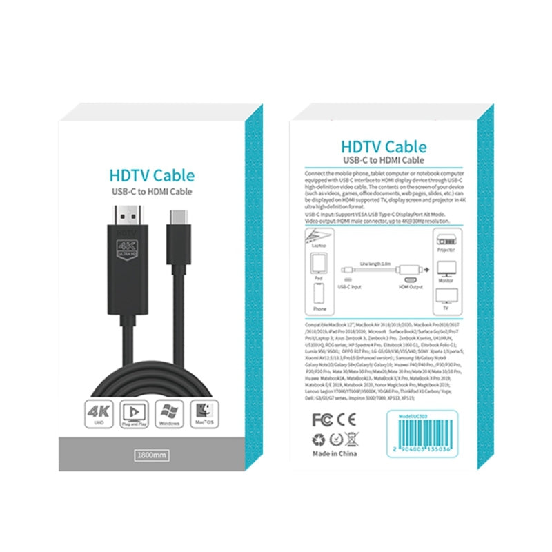 Uniqkart UC503 1.8m Type-C Male to HDMI Male Cable Adapter HD 4K / 30Hz Sync Screen HDTV Cable