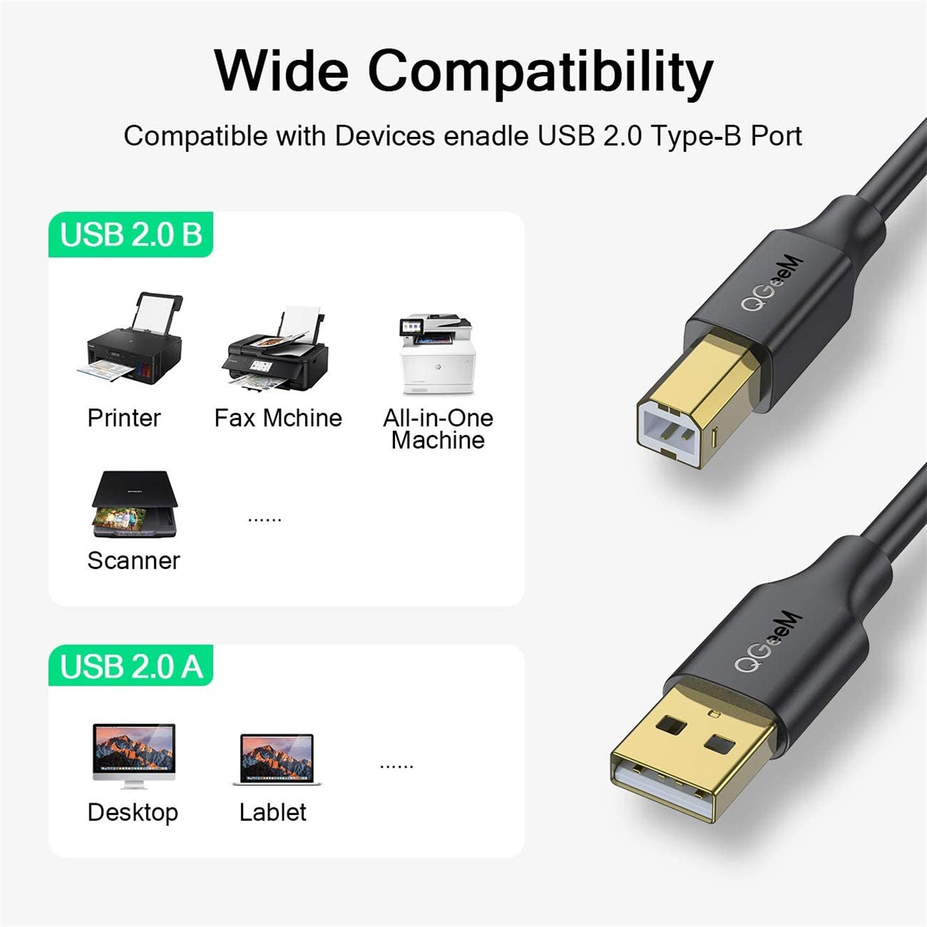 Uniqkart QG-CVQ20 1.8m USB 2.0 A Male to B Male Printer Scanner Cable High-Speed Printer Cord for Laptop Desktop Computer