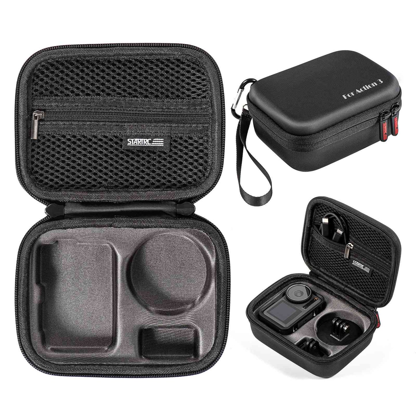 Uniqkart For DJI Osmo Action 3 Portable Shockproof Carrying Case Camera Storage Bag with Carabiner and Hand Strap - Black