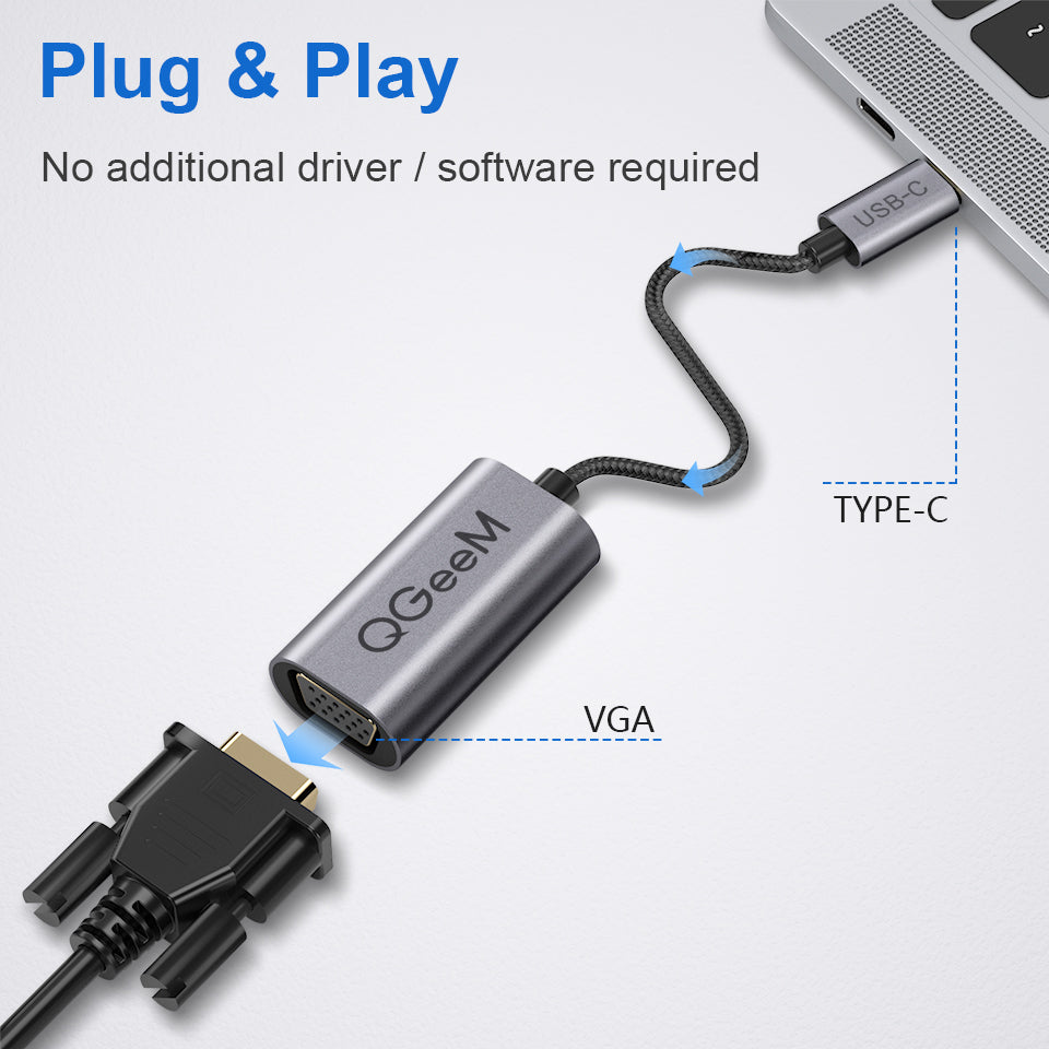 Uniqkart QG-UA07 VGA to USB-C Adapter Type-C Male to VGA Female Converter Compatible with Thunderbolt3 MacBook Pro 2019/18/17 (0.1m)