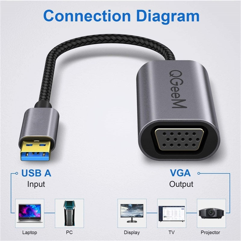 Uniqkart QG-UA07-A USB 3.0 to VGA Adapter USB Male to VGA Female Multi-Monitor Video Converter Compatible with Monitor Projector HDTV