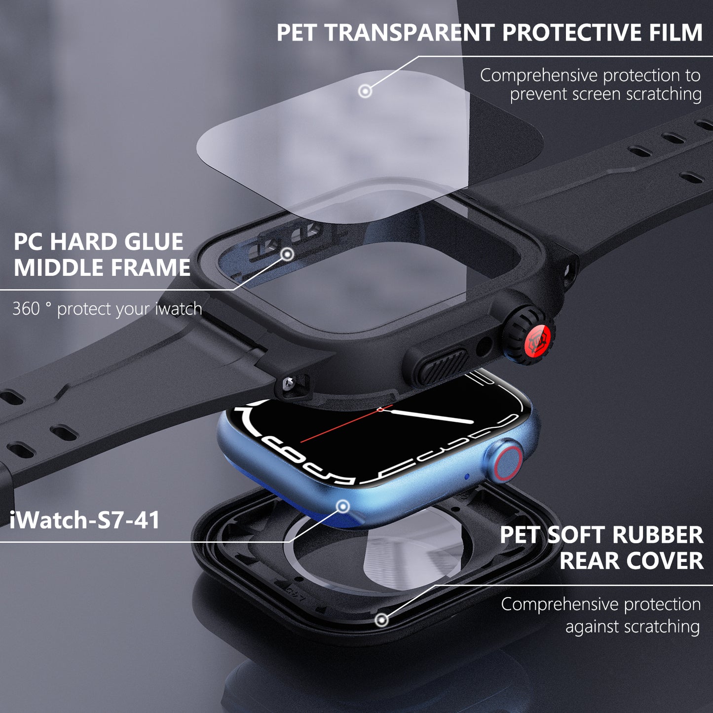 SHELLBOX For Apple Watch Series 8 41mm / 7 41mm IP68 Waterproof Case with Silicone Watch Band Smart Watch Protector Replacement Strap