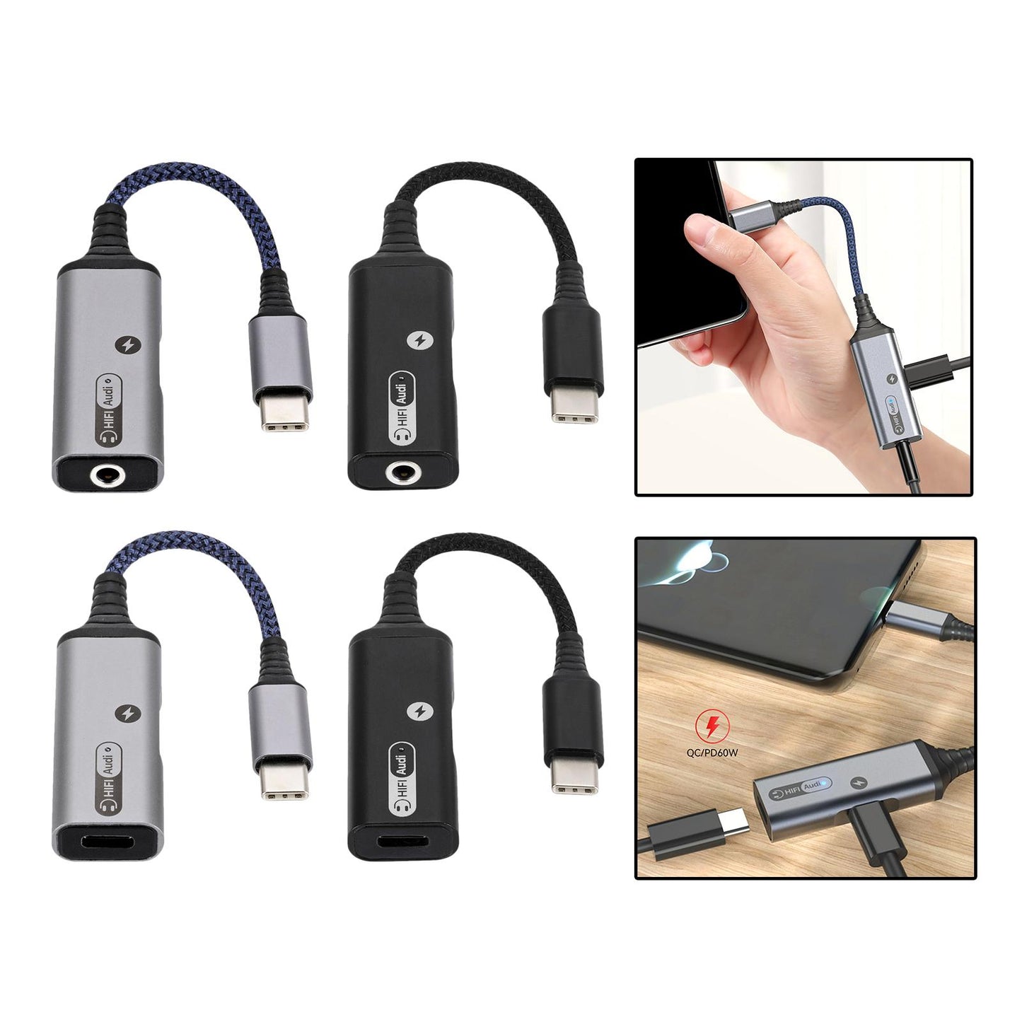 2 in 1 USB Type C to AUX Charger Adapter PD 60W Fast Charging MH339A Blue