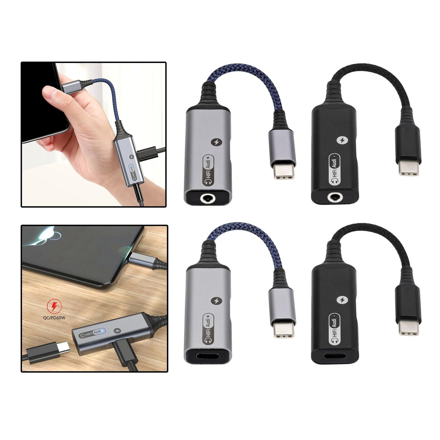 2 in 1 USB Type C to AUX Charger Adapter PD 60W Fast Charging MH339A Blue