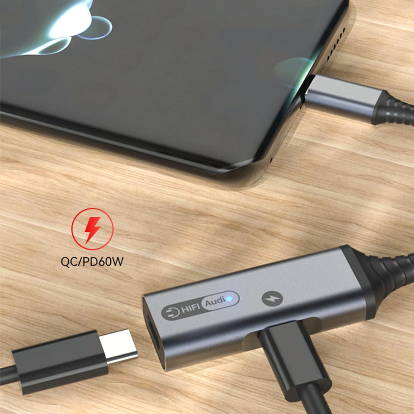 2 in 1 USB Type C to AUX Charger Adapter PD 60W Fast Charging MH338A Blue