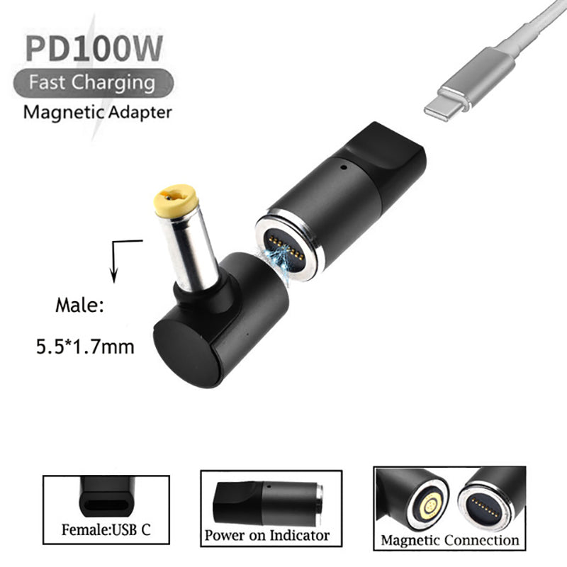 Uniqkart for Acer Laptop 100W Magnetic USB Type-C Female to 5.5mmx1.7mm Male PD Fast Charging Adapter