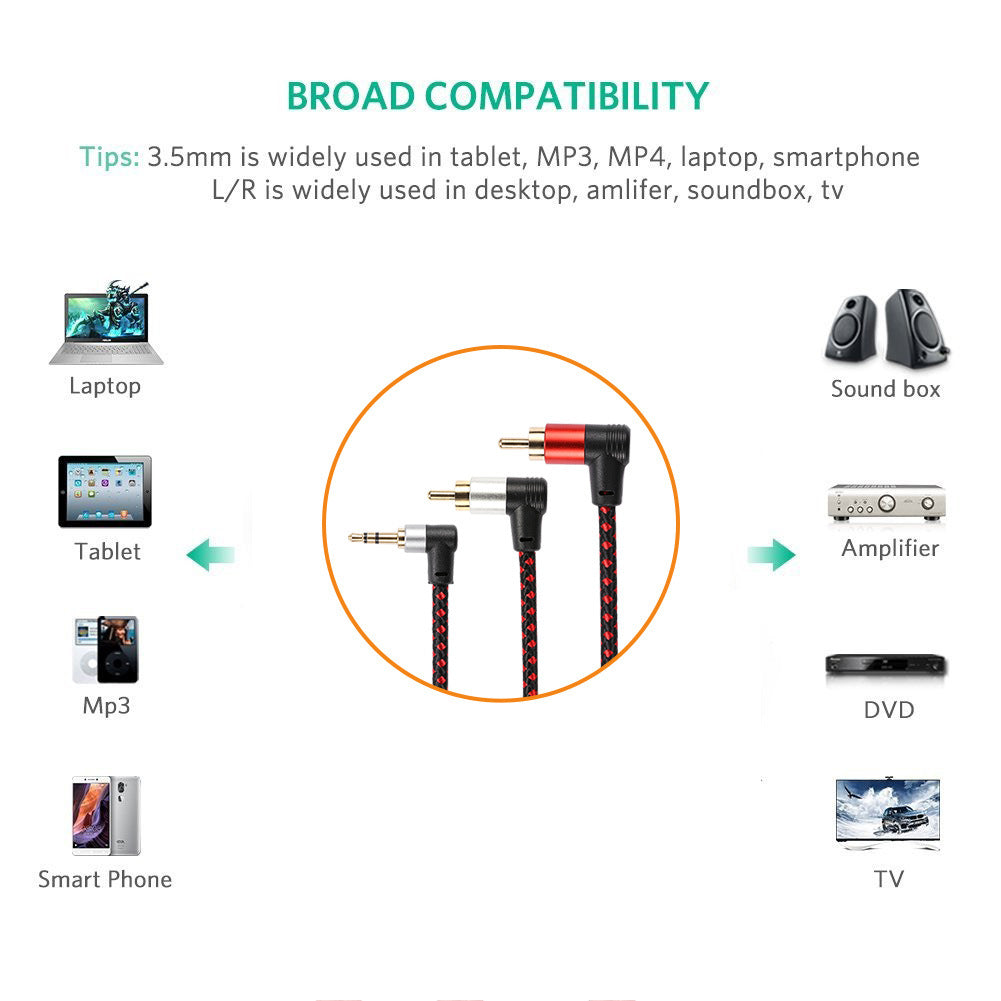2m 3.5mm to 2 RCA Male to Male Right Angle Splitter Aux Cable for Phone Tablet Laptop