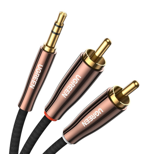 Uniqkart 80849 5-Meter Reversible Hi-Fi 3.5mm to 2RCA Male Straight Braided Audio Cable for Smartphones/Speakers/Hi-Fi Amplifier/HDTV/MP3 Players