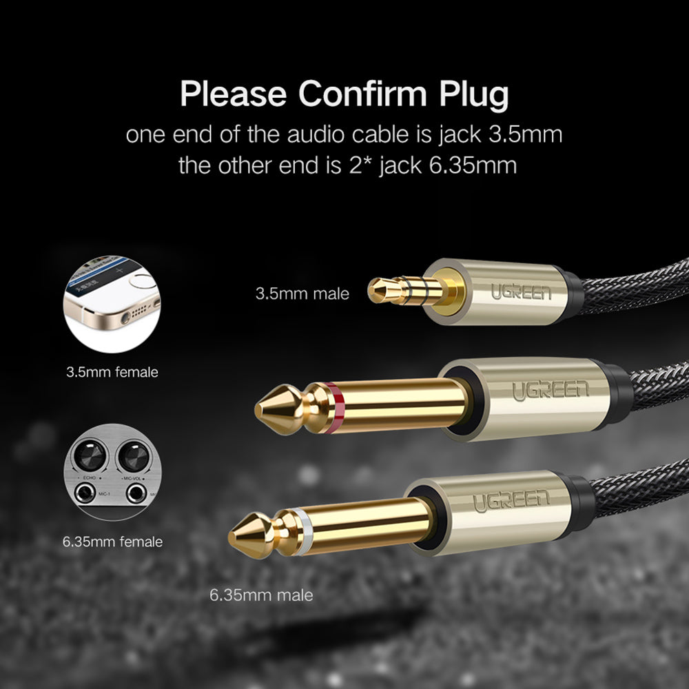 UGREEN 40791 1.5-Meter 3.5mm 1/8&quot; Male TRS to 2 x 6.35mm 1/4&quot; Male TS Stereo Audio Cable Y Splitter for Cellphones/Amplifiers/Home Theater