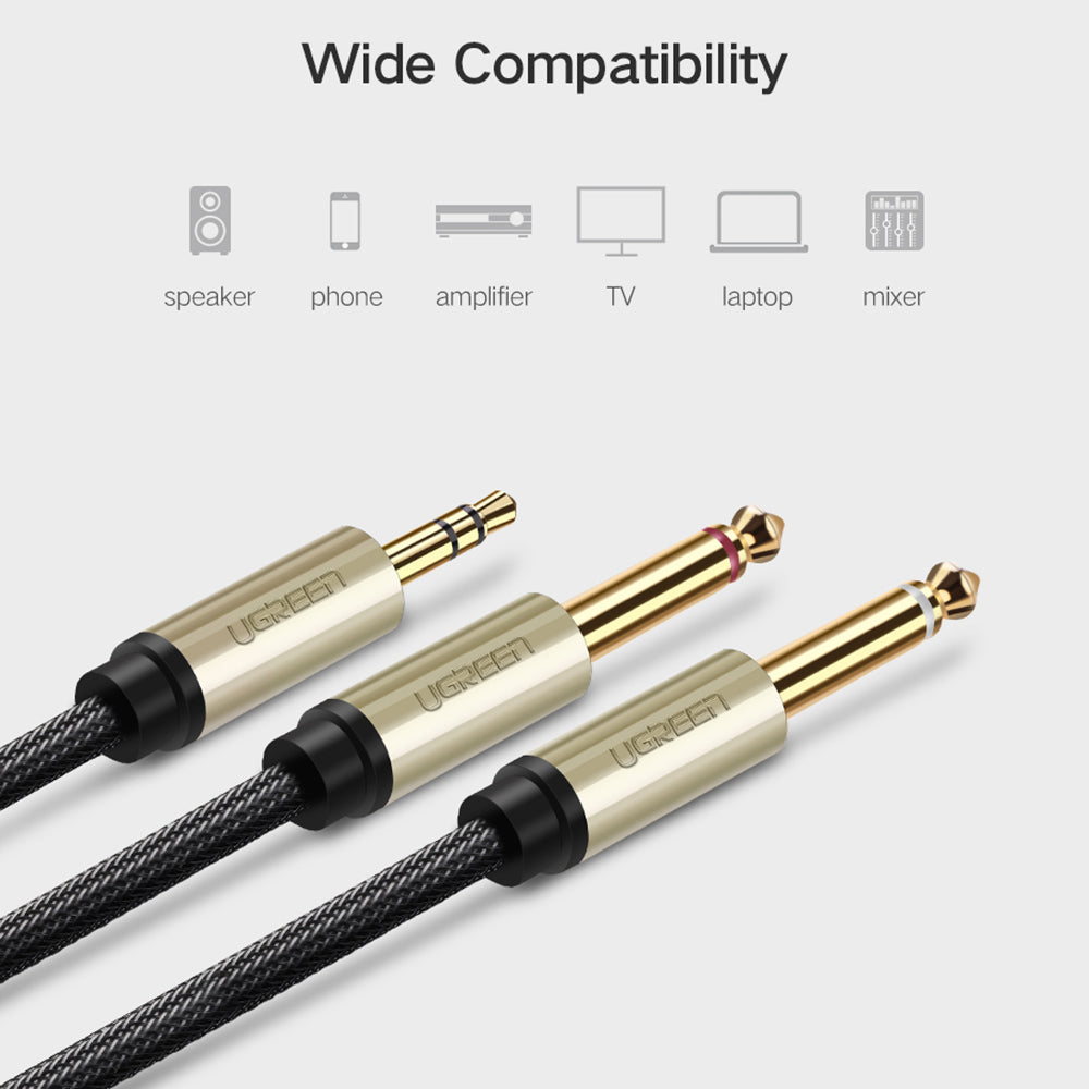 UGREEN 40792 2-Meter 3.5mm 1/8&quot; Male TRS to 2 x 6.35mm 1/4&quot; Male TS Stereo Y-Cable Splitter Audio Cord for Cellphones/Amplifiers/Home Theater