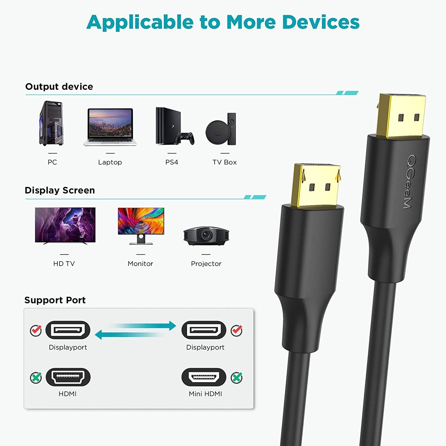 Uniqkart QG-HD16 1m DP to DP Cable 4K/60Hz HD Video Adapter Cable for HDTV Monitor Projector