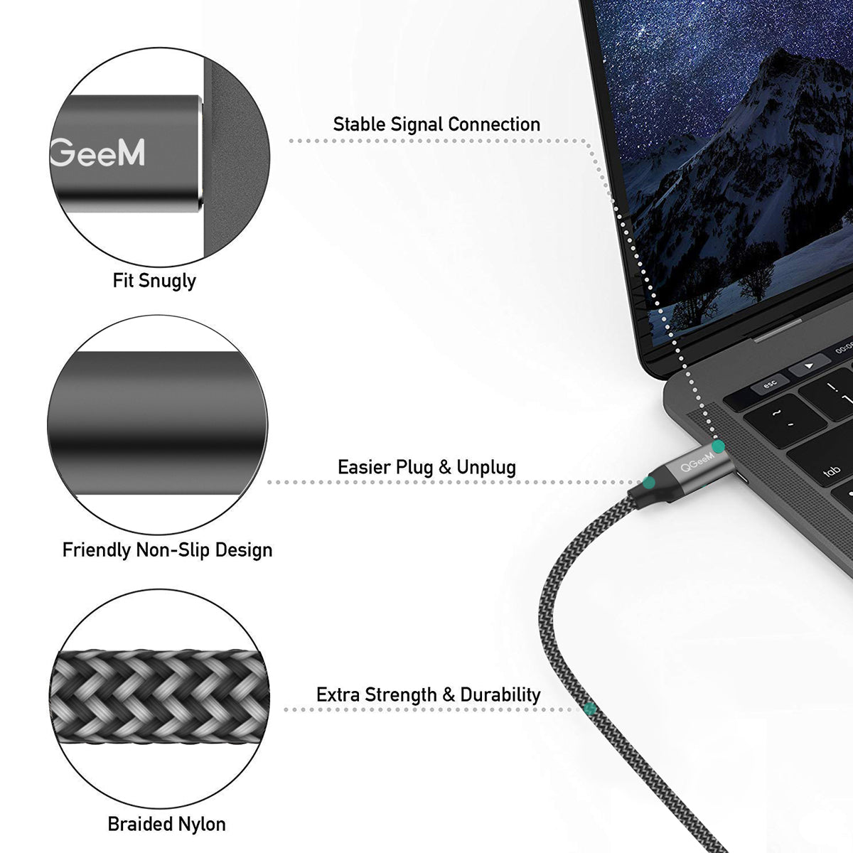 Uniqkart QG-UA13-12 Type-C Male to DP Male Adapter Nylon Braided USB-C to DP Converter Cable 4K/60Hz for Mobile Phones Computers 1.2m