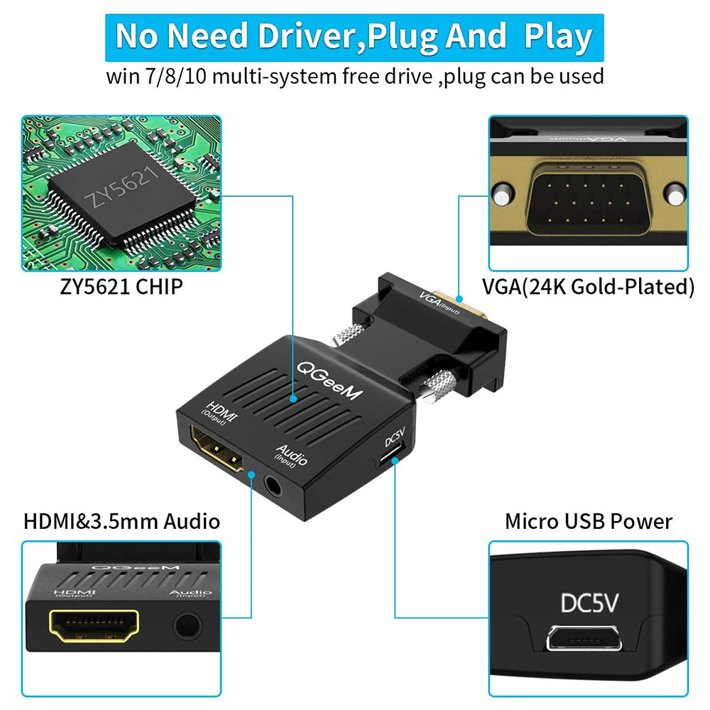 Uniqkart QG-HD12 VGA Male to HDMI Female Converter VGA to HDMI Adapter with 3.5mm Audio Jack Support PD Charging Audio Transmission 1080P/60Hz