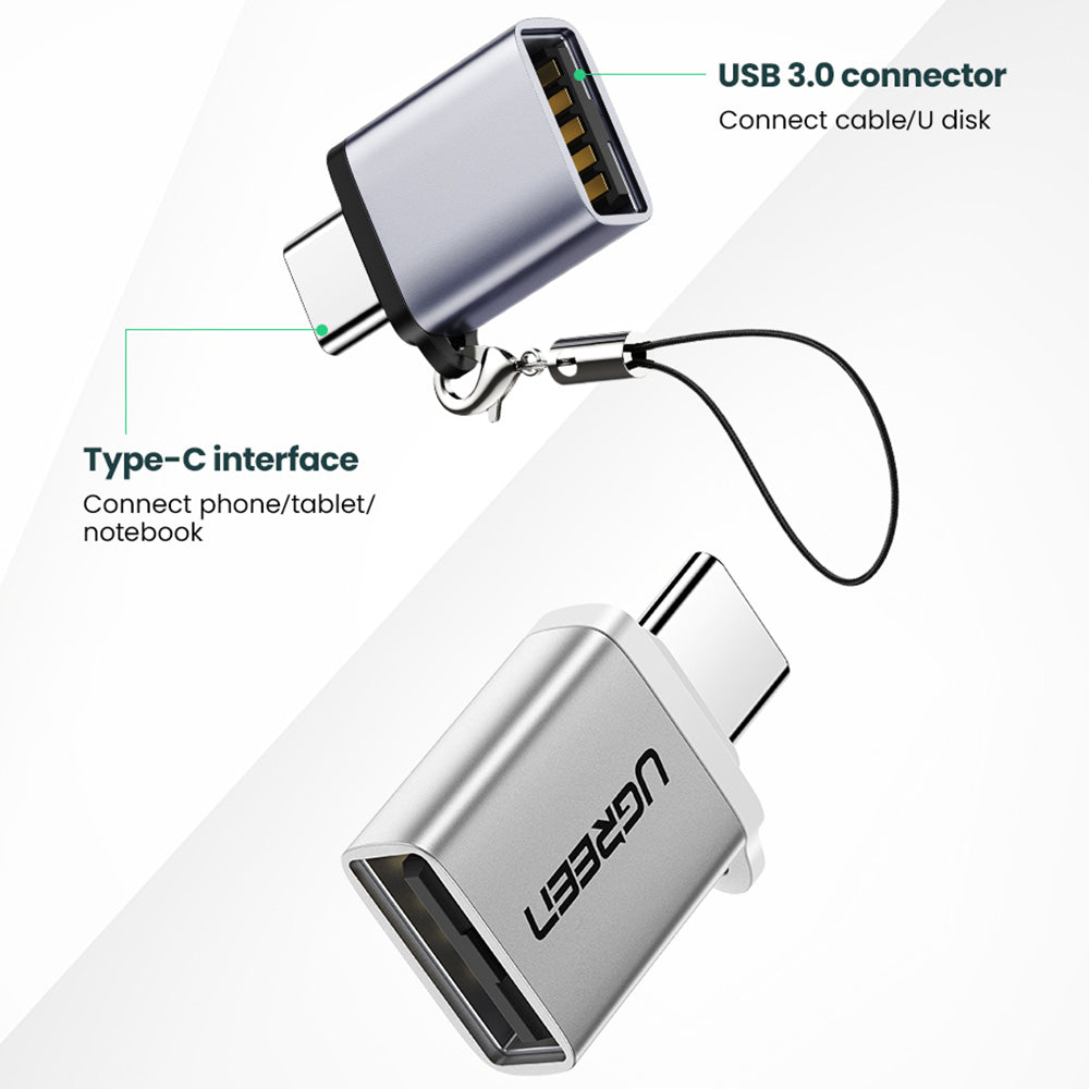 UGREEN US270 Type-C Male to USB3.0 Adapter Aluminum Shell Mini USB-C Converter with Lanyard - Silver