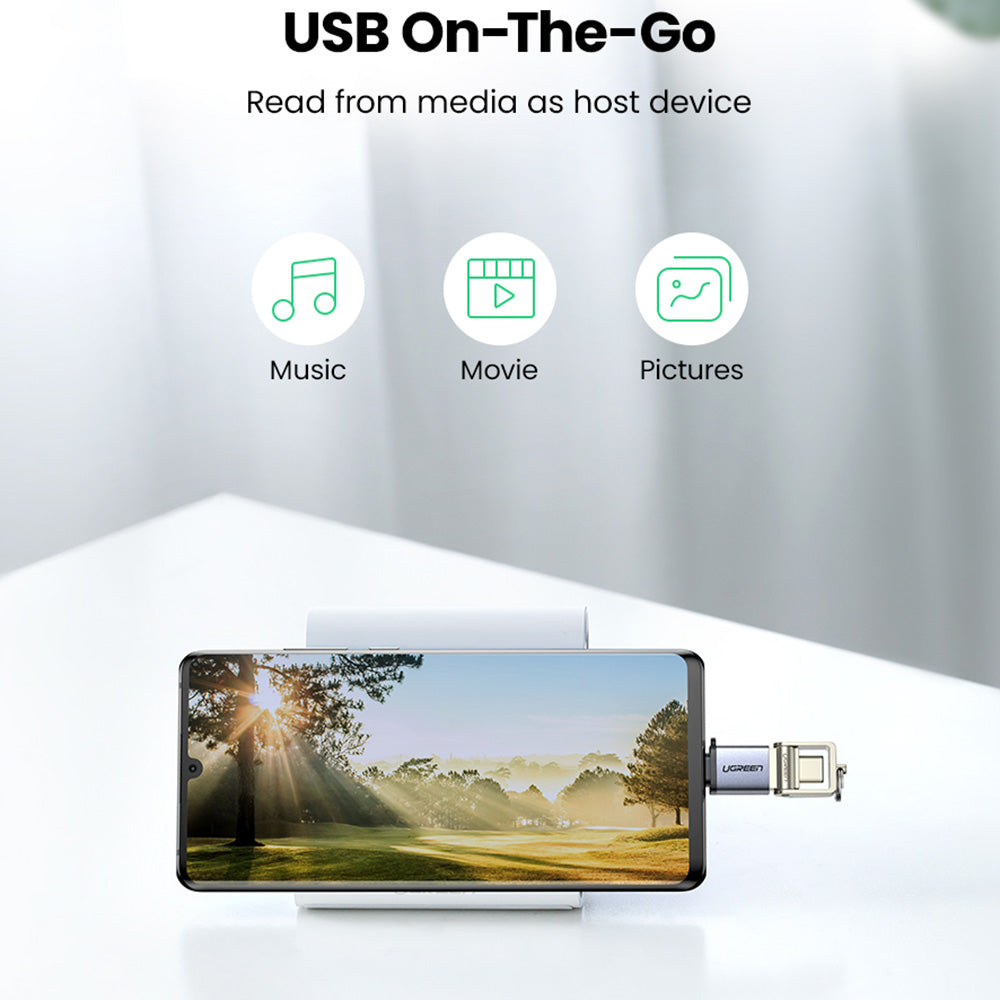 UGREEN US270 Type-C Male to USB3.0 Adapter Aluminum Shell Mini USB-C Converter with Lanyard - Silver