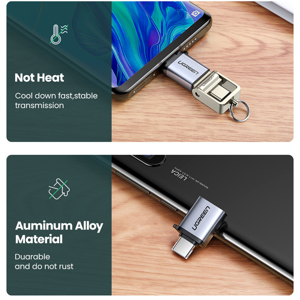 UGREEN US270 Type-C Male to USB3.0 Adapter Aluminum Shell Mini USB-C Converter with Lanyard - Silver