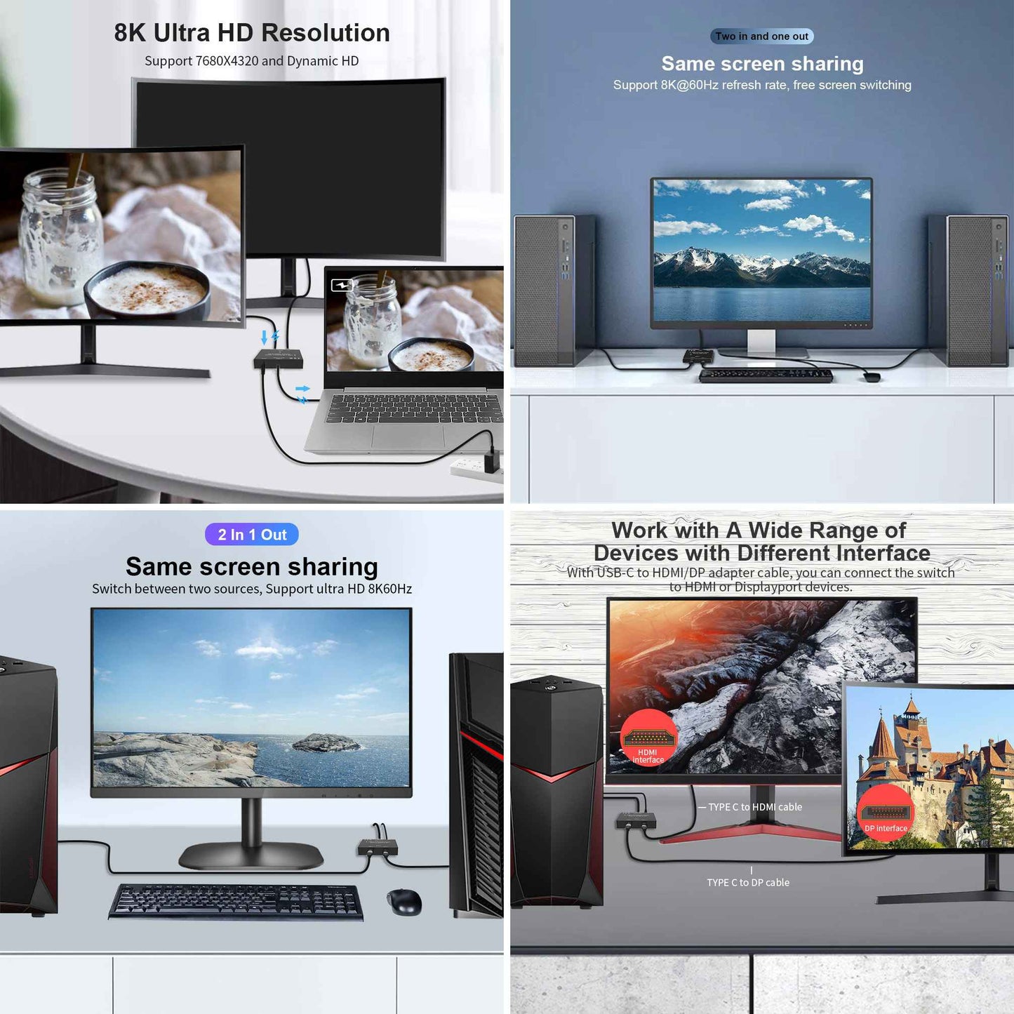 UC-161 0.5m USB-C Bi-Direction Switch MST 1 to 2 Type-C Hub Adapter Support Video 8K/30Hz, 10Gbps Data, PD 100W