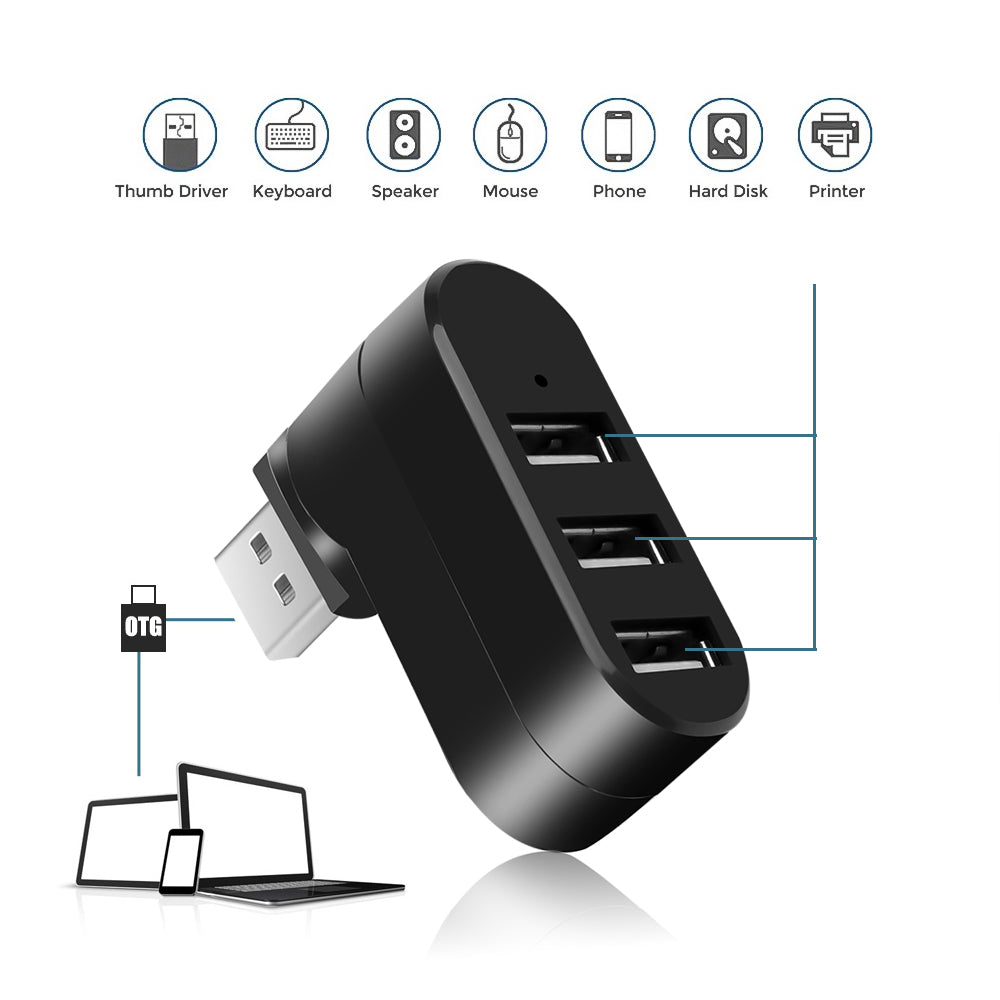 Universal Mini Rotatable 3 Port USB 3.0 Hub High Speed Data Transfer Adapter USB Expander - White