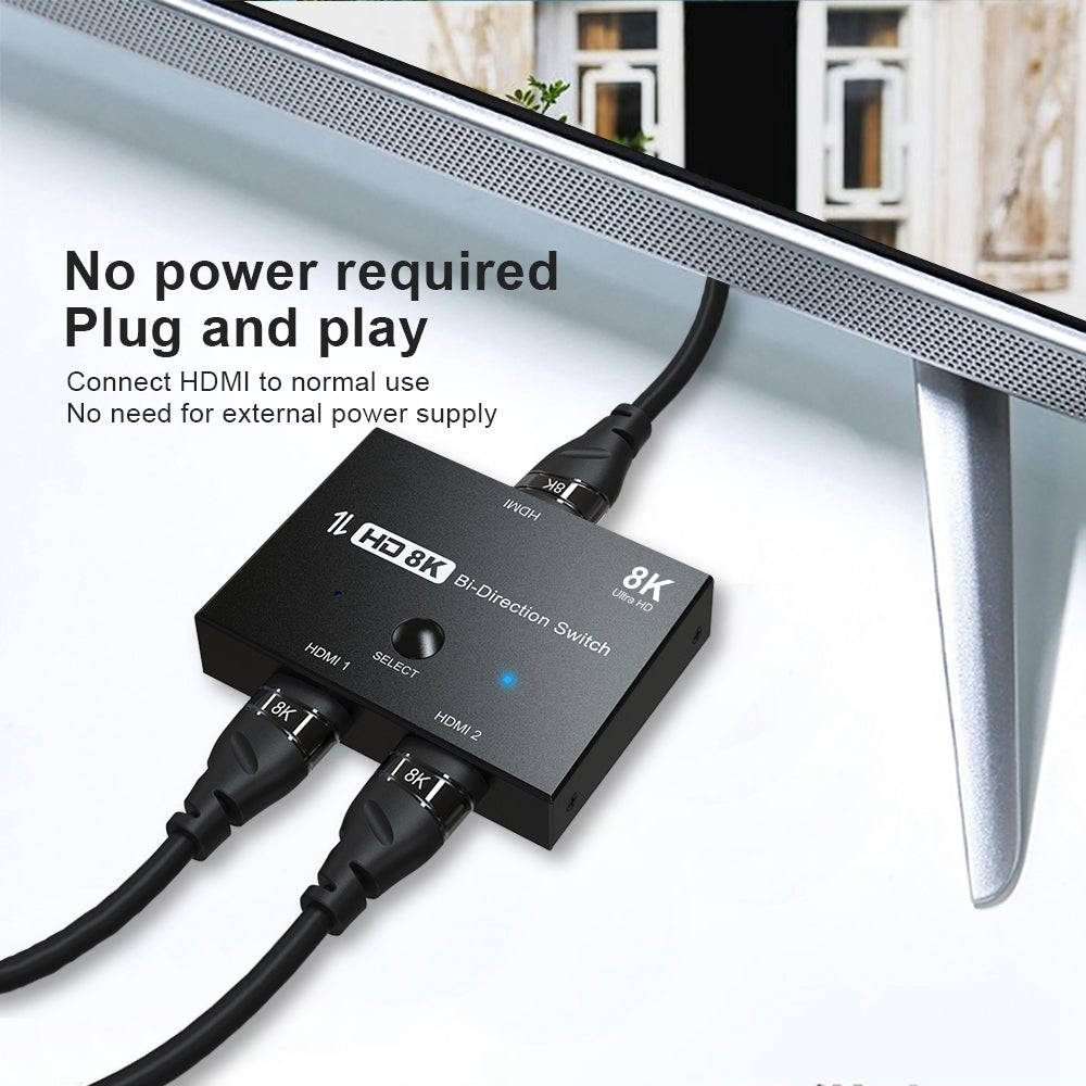 HDMI 2.1 Switcher Adapter 4K/120Hz 8K/60Hz HD Bi-Direction 2 In 1 Out/1 In 2 Out Converter Splitter