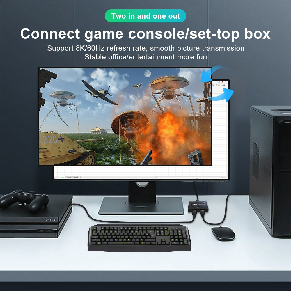 HDMI 2.1 Switcher Adapter 4K/120Hz 8K/60Hz HD Bi-Direction 2 In 1 Out/1 In 2 Out Converter Splitter