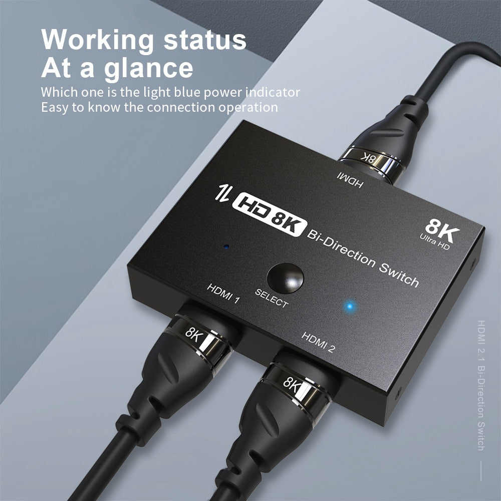 HDMI 2.1 Switcher Adapter 4K/120Hz 8K/60Hz HD Bi-Direction 2 In 1 Out/1 In 2 Out Converter Splitter