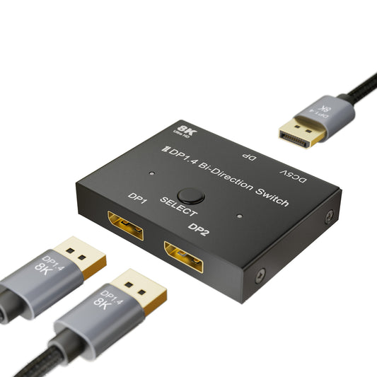 DP 1.4 Switcher Adapter DisplayPort 8K Switch 2 In 1 Out/1 In 2 Out Bi-Direction 8K/30Hz 4K/120Hz Splitter Converter