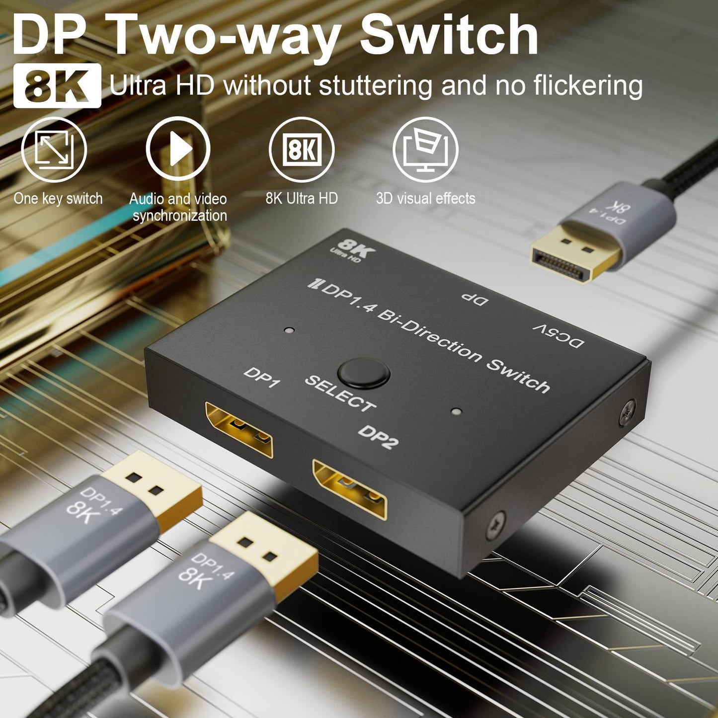 DP 1.4 Switcher Adapter DisplayPort 8K Switch 2 In 1 Out/1 In 2 Out Bi-Direction 8K/30Hz 4K/120Hz Splitter Converter