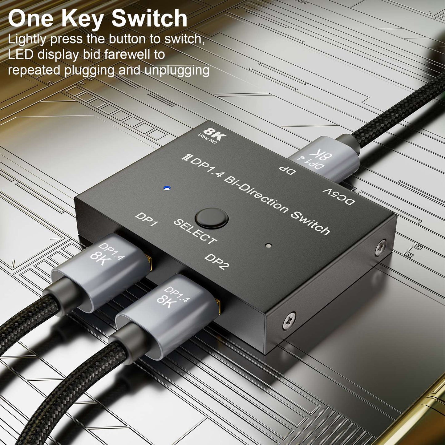 DP 1.4 Switcher Adapter DisplayPort 8K Switch 2 In 1 Out/1 In 2 Out Bi-Direction 8K/30Hz 4K/120Hz Splitter Converter