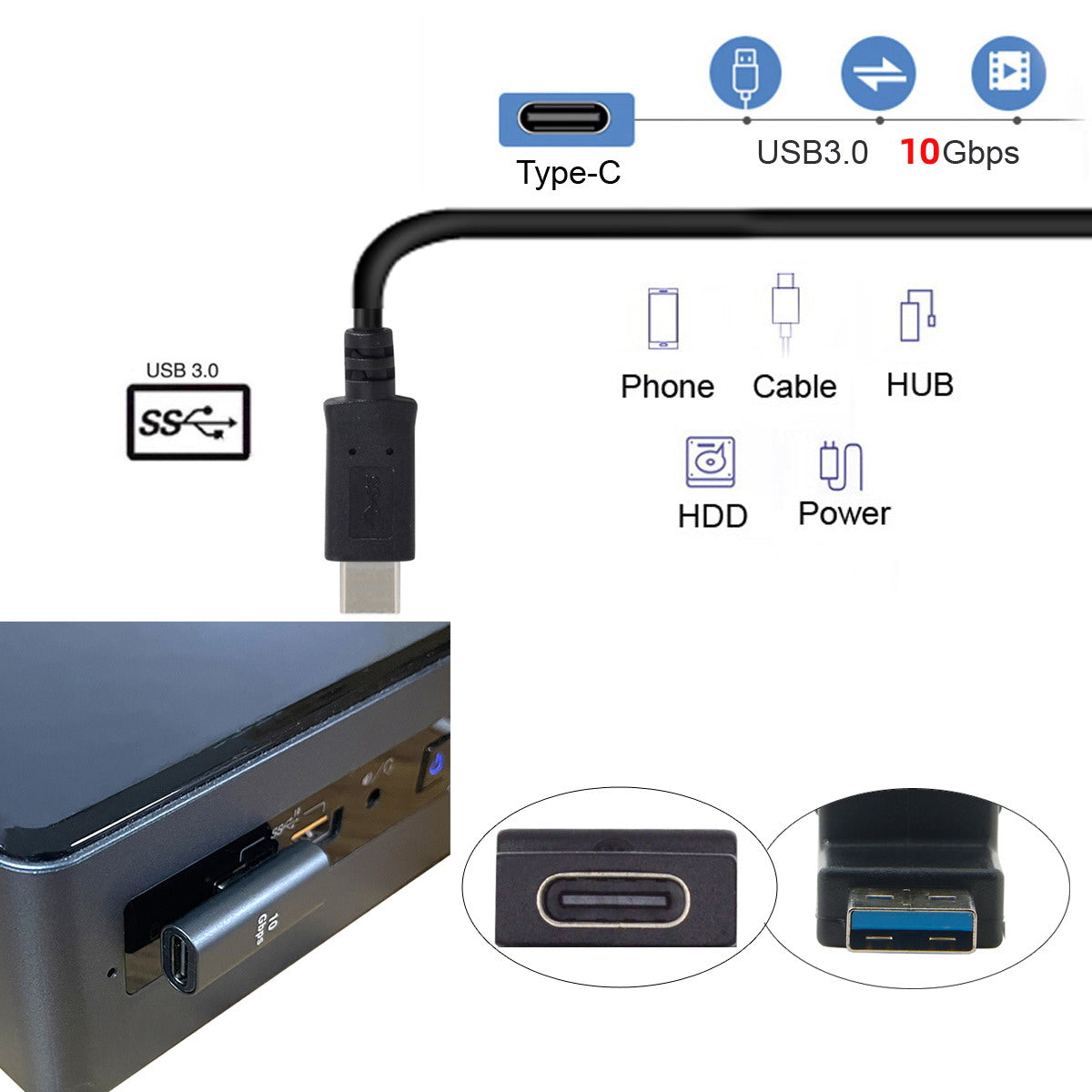 UC-067-LP Type-C Female 90 Degrees Left Angled to USB 3.0 Type-A Male Data Adapter for Laptop Desktop PC