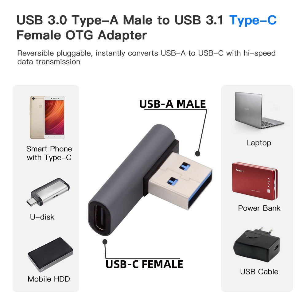 UC-067-LP Type-C Female 90 Degrees Left Angled to USB 3.0 Type-A Male Data Adapter for Laptop Desktop PC
