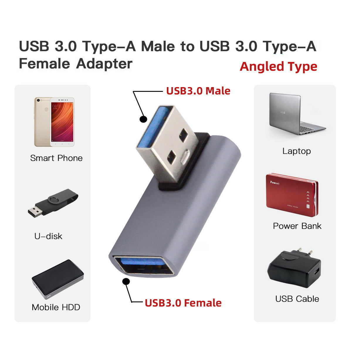 U3-018-LP 10Gbps USB3.0 Male to Female Power Data Transfer Adapter 90 Degrees Left Angled Type Connector