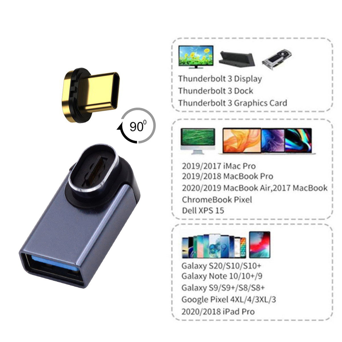 UC-028-AFL Magnetic Connector 10Gbps Type C Male to USB3.0 Female 90 Degree Low Profile Angled OTG Data Adapter