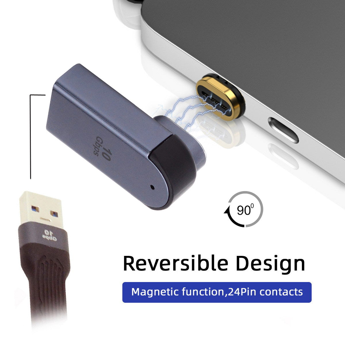 UC-028-AFL Magnetic Connector 10Gbps Type C Male to USB3.0 Female 90 Degree Low Profile Angled OTG Data Adapter